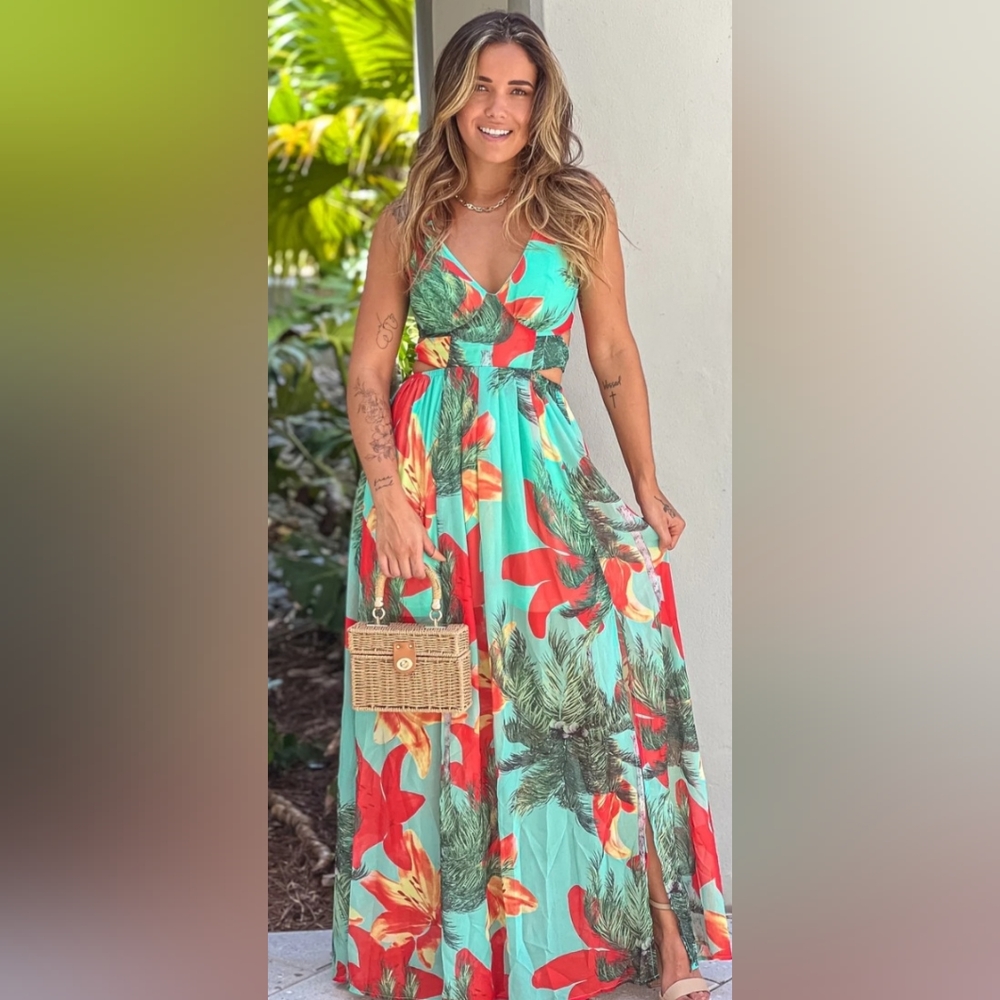 Mint Floral Chiffon Maxi Dress with Open Back